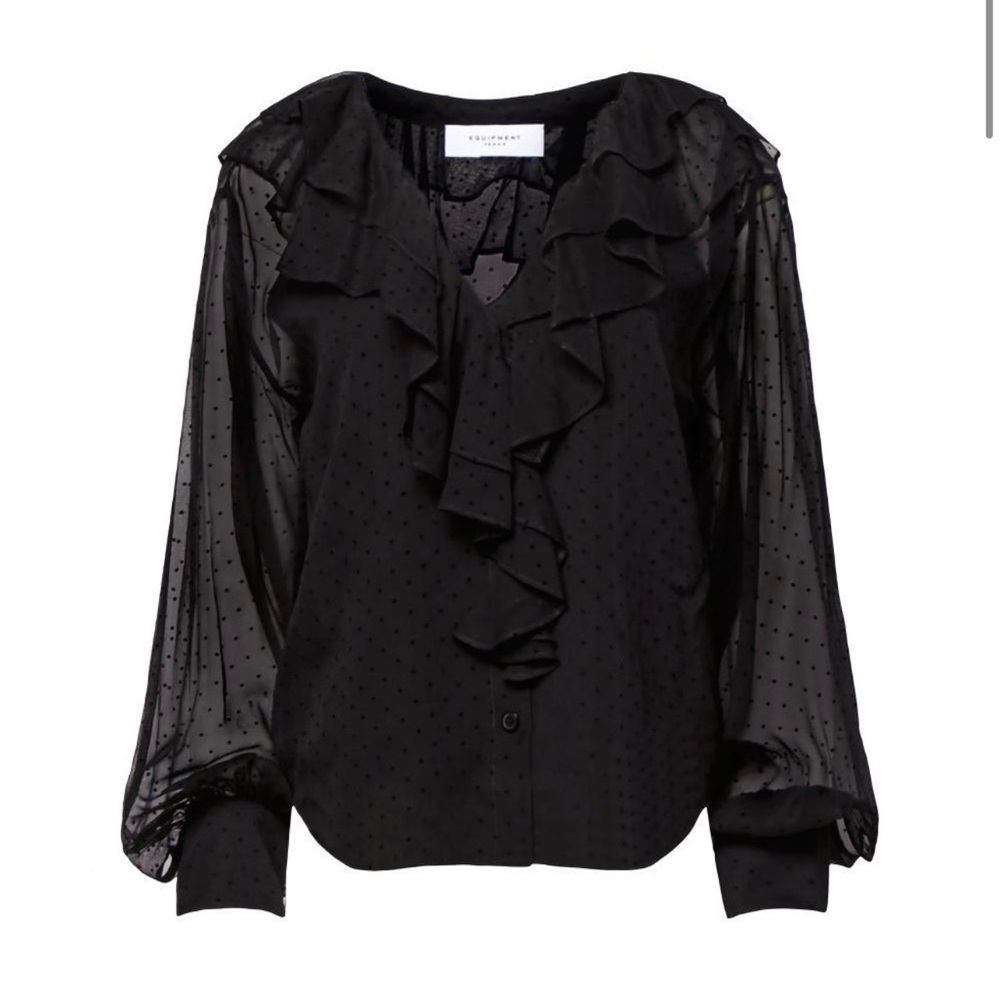 Retails $350, sz S, Equipment Antara Swiss-Dot Ruffle Silk Blouse